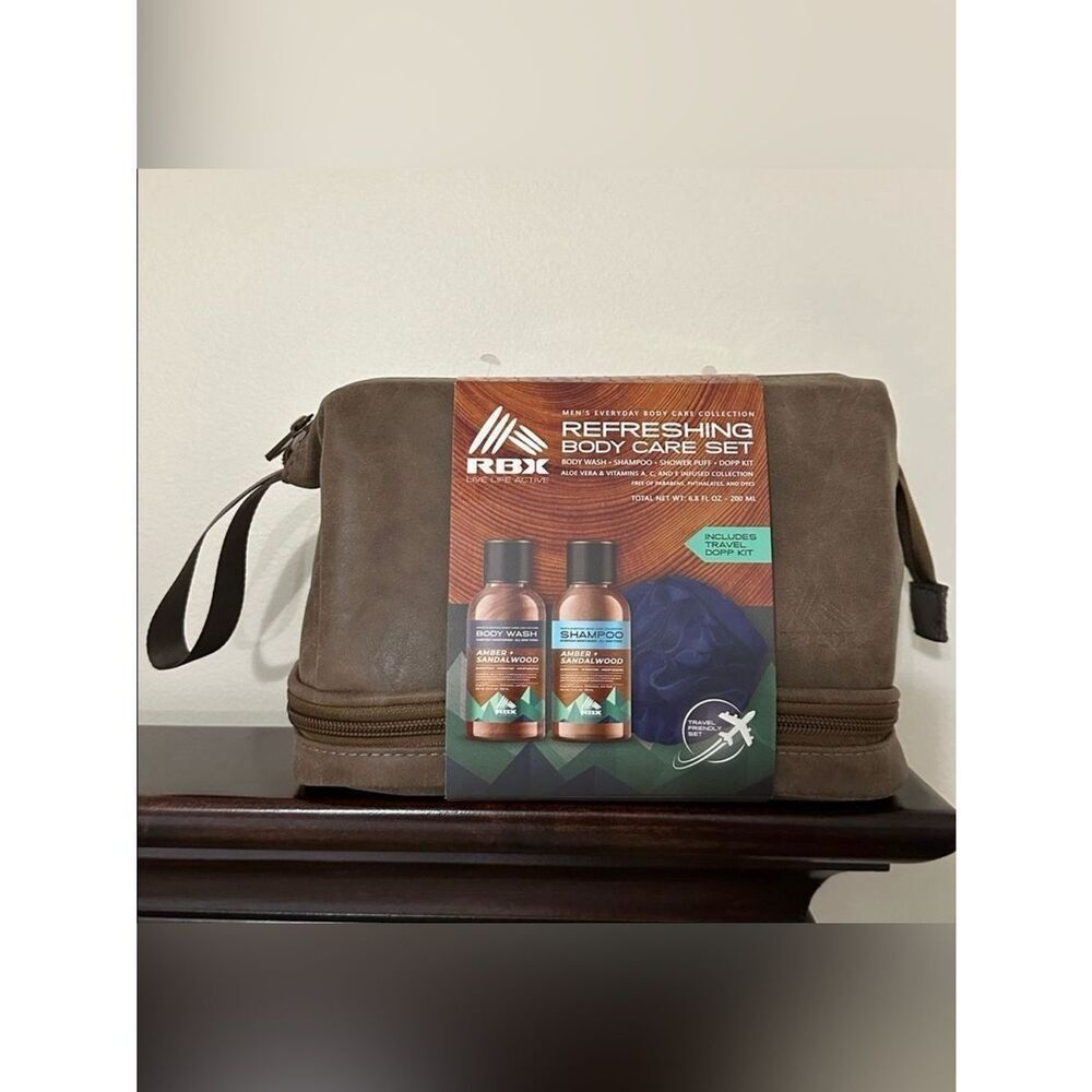RBX Rugged Brown Brass Tone Faux Leather Toiletry Travel Bag Dopp Kit